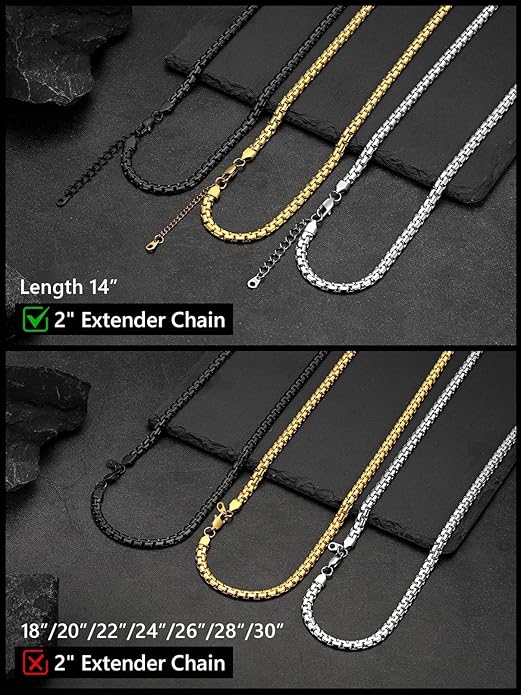 FaithHeart Mens Black/Silver/Gold Stainless Steel Flat Box Link Chain Necklace, Stylish 2/4/6/8mm Width Box Chains Necklaces for Men Non Tarnish Hip Hop Chain Jewelry Gifts,14"-30" Length