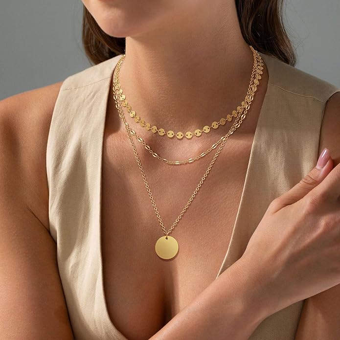 ASCOMY Gold Necklace for Women 14K Gold/Silver Plated Layered Necklaces Stackable Layering Cross Necklace Stacked Coin Pendant Pearl Herringbone Chain Stacking Gold Choker Trendy Jewelry Gift for Her