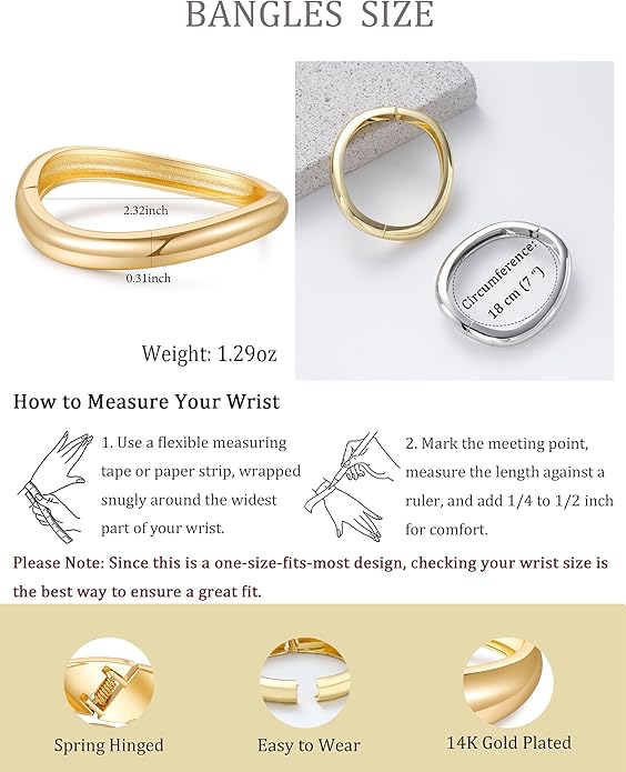 Bangle Bracelets for Women | 14K Gold Plated Trendy Wide Bracelets | Hinged Arm Cuff Bangles Chunky Bracelet for Women
