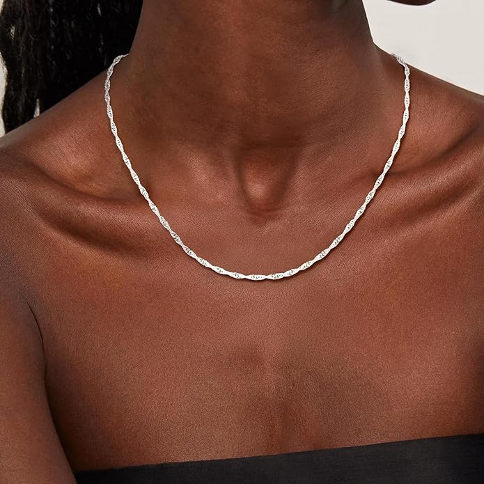 S925 Sterling Silver Wave Chain Necklace for Women - Sterling Silver Wave Chain Necklace Thick Sturdy Colourfast Necklaces Jewelery for Women 16/18/20/22 Inch