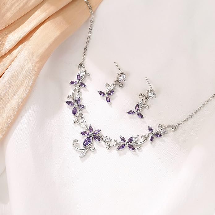 Crysdue Flower Leaf Wedding Jewelry Set for Bridal Bridemaid, Cubic Zirconia Teardrop Elegant Silver/14K/Rose Gold Plated Vine Necklace Dangle Earrings for Prom Party