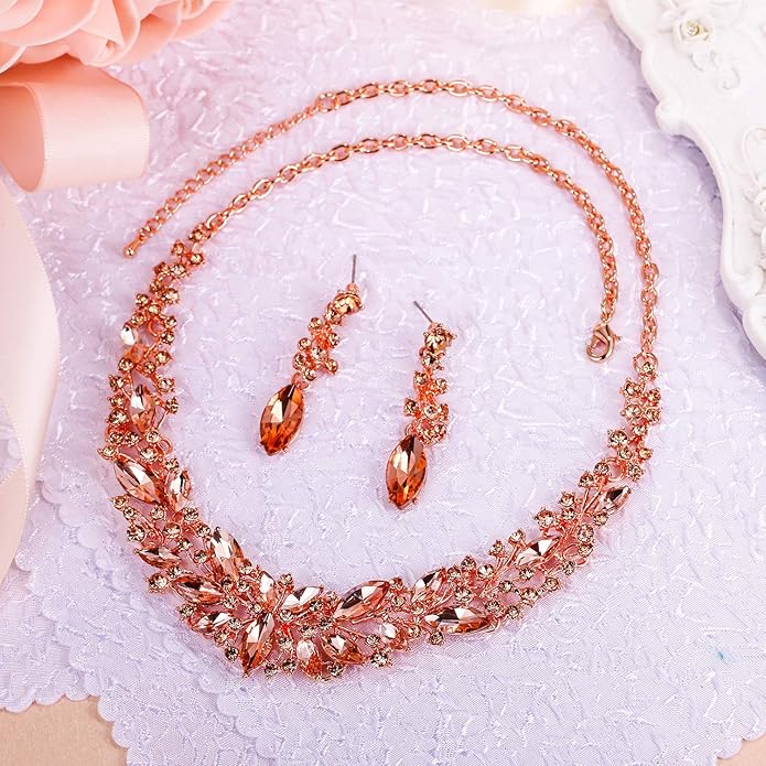 BriLove Women's Wedding Bridal Austrian Crystal Marquise Cluster Collar Necklace Dangle Earrings Set