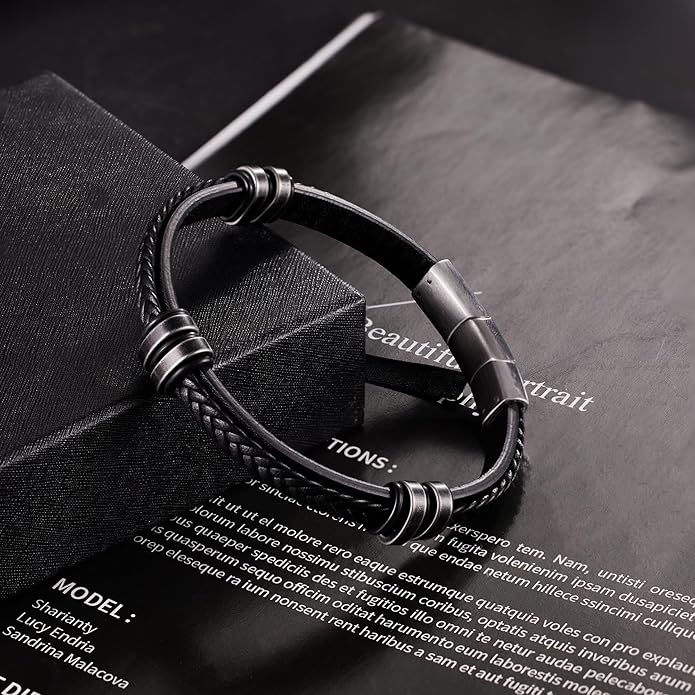 Leather Bracelet for Men with Adjustable Stainless Steel Magnetic Clasp Multi-Layer Braided Mens Leather Bracelet