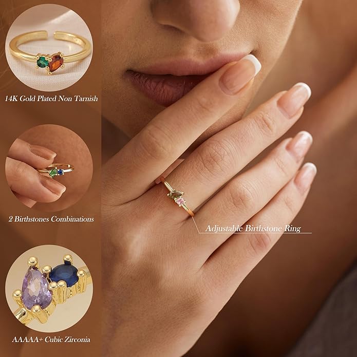 JSJOY Birthstone Rings for Women Dainty Emerald Blue Ring Birthday Gifts for Mom Her Gemstones CZ Ring for Teens Gold Rings That Don't Tarnish Adjustable Ring Jewelry Gifts