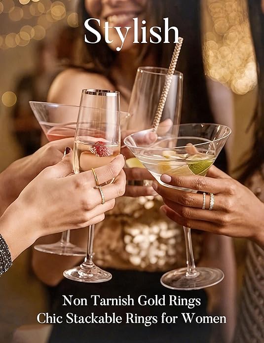 LOLIAS 14K Gold Plated Stackable Rings for Women Non Tarnish - Dainty Cubic Zirconia Wedding Bands Ring Set Minimalist Trendy Statement Engagement Promise Thumb Rings Stacking Size 5-10