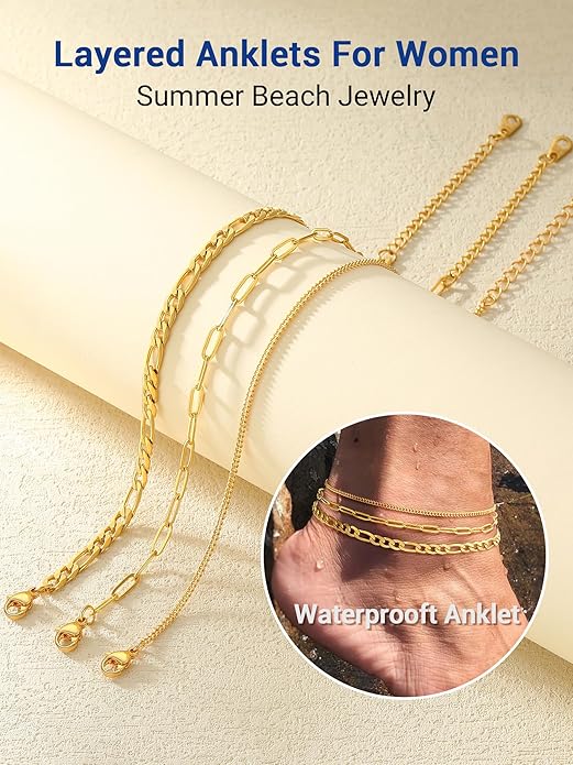 PROSTEEL Stainless Steel Chain Anklets for Women, Silver/Gold Tone, Ankle Bracelets Hypoallergenic, 8-10.5 Inch Adjustable, Come with Box