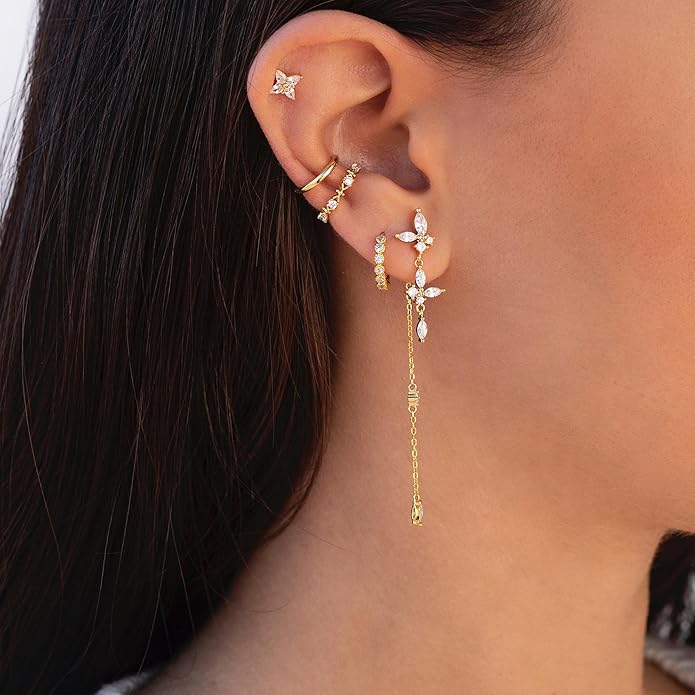 14K Gold Plated Butterfly Dangle Earrings for Women - Dainty, Trendy, Hypoallergenic CZ Drop Earrings - Simple Long Dangling Jewelry