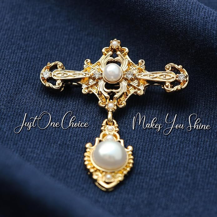 Gold Vintage Pearl Brooch for Women Girls Retro Accessories Elegant Baroque Pin Dress Coat Sweater Suit Party Wedding Gifts Victorian Brooch Pin Bridal Jewelry Cross Brooch
