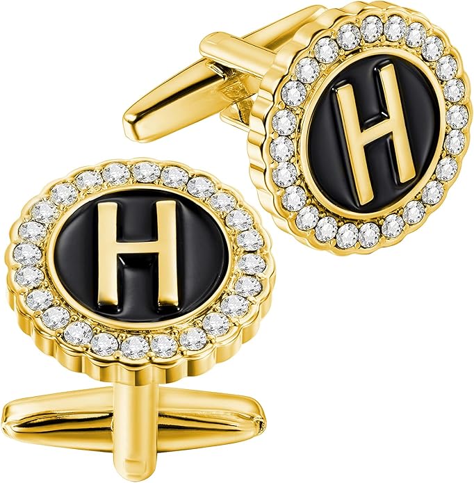 HAWSON A-Z Initial Cufflinks for Men and Women with Clear Crystal, Gold Silver Color Rasied Letter A-Z Cuff Links for French Shirt, Gift for Normal and Business Wearing