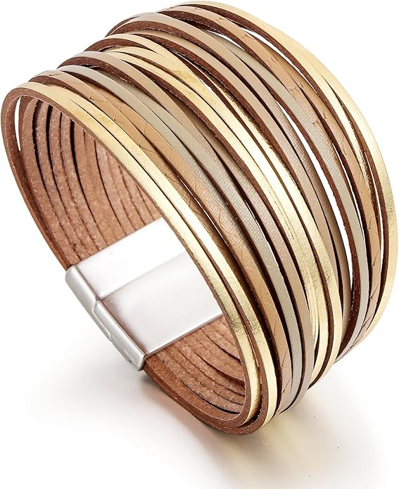 Edoneery Leather Wrap Bracelet for Women, Boho Handmade Multi-Layer Cuff with Crystal Beads Heart, Stackable Bangle Western Jewelry Gift