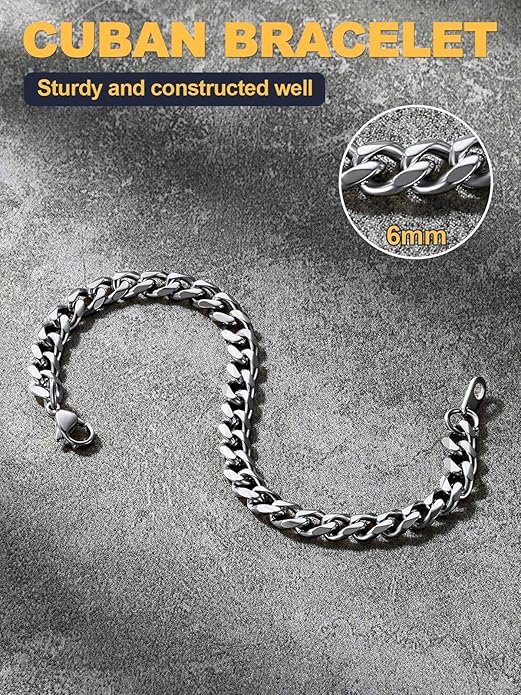 U7 Link Bracelets for Men, Cuban Link/Rope/Watch Band Solid Bracelet, Silver Black Gold Color Wrist Bracelet 3/6/9/12/15mm Width, 6.5/7.5/8.3 Inch Length, Hand Chain Jewelry for Mens Women