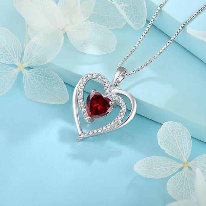 FJ Love Heart Necklace for Women 925 Sterling Silver Birthstone Pendant Anniversary Birthday Jewelry