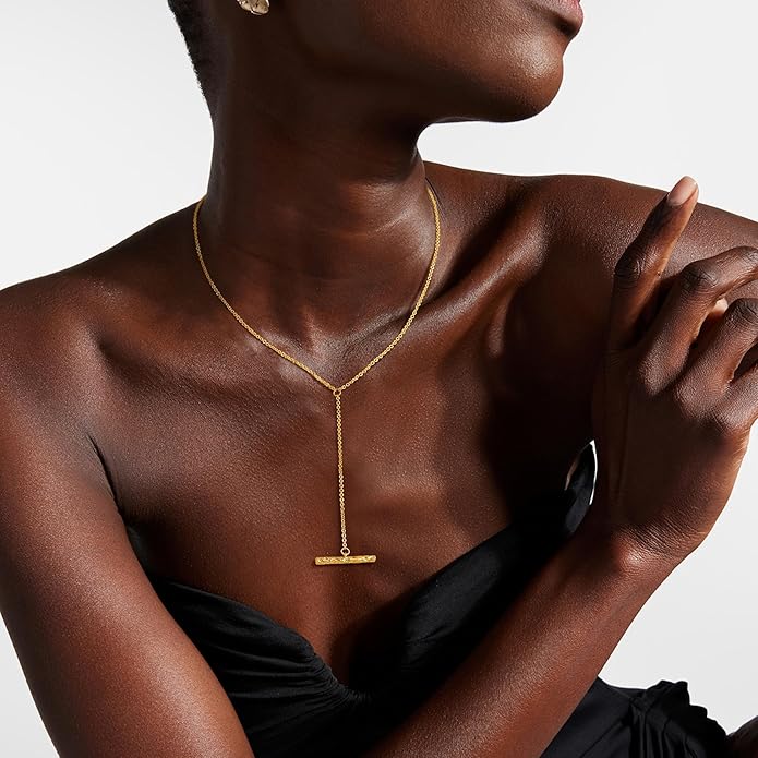 Lariat Necklaces for Women - Dainty Long Necklace Trendy 14K Gold Plated Hypoallergenic Layered Long Y-Shape Sunburst CZ T-Bar Pendant Drop Chain Necklace Set for Women Non Tarinsh Jewelry Gift