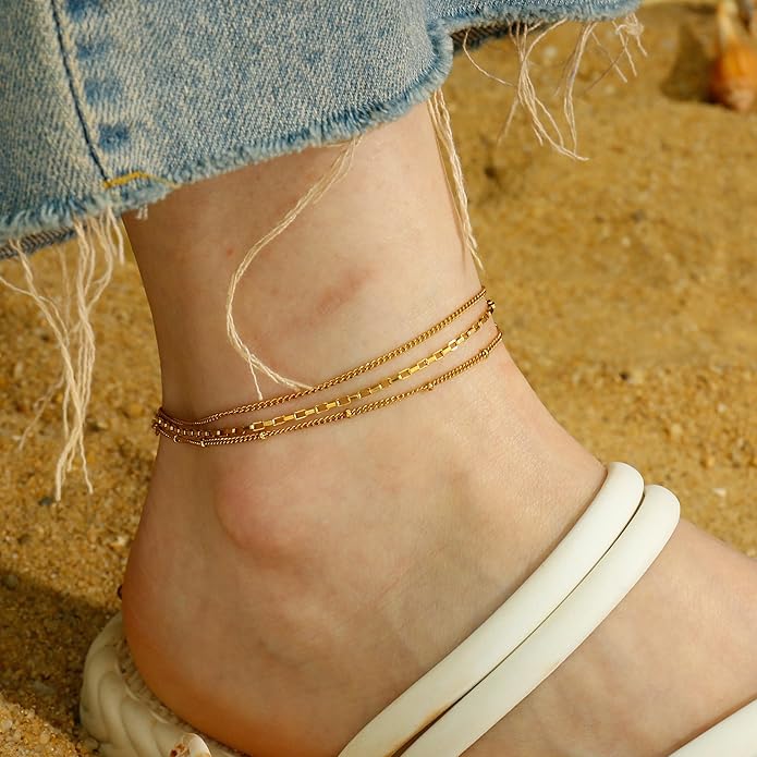 Gold Plated Ankle Bracelets For Women Waterproof,18k Gold Plated Anklets Layered Thin Snake Chain Herringbone Anklets Non Tarnish Stainless Steel Dainty Summer Jewelry Set Gift For Women
