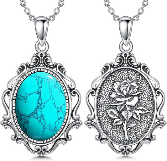 PELOVNY Rose Necklace 925 Sterling Silver Moonstone Turquoise Obsidian Necklace Victorian Cameo Rose Vintage Western Jewelry Christmas Valentines Day Gifts for Women