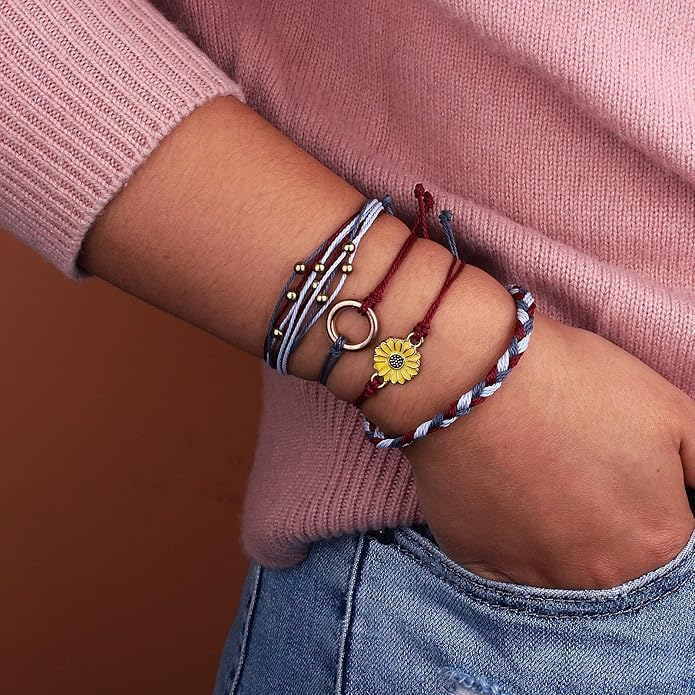 FANCY SHINY Sunflower String Bracelet Boho Braided Rope Wrap Bracelets Cute Summer Beach Surfer Jewelry for Women
