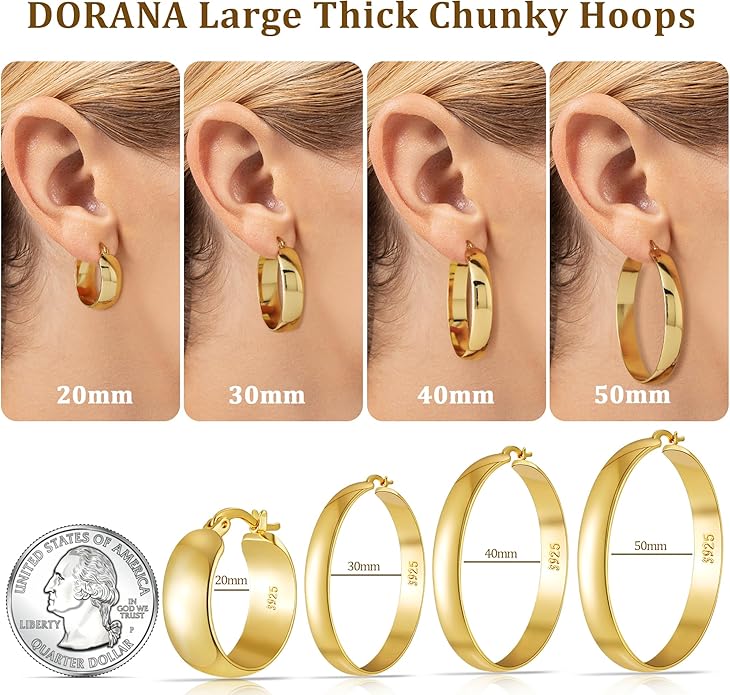 8mm Thick 925 Sterling Silver Hoops Earrings for Women 14K Real Gold Large Hoop Earrings Hypoallergenic and Lightweight Big Hoop Earrings for Women 20/30/40/50/60/70MM