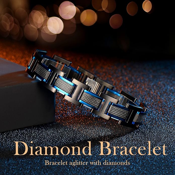 Men's Stainless Steel Two-Tone Square Link diamond Bracelet in Black & Blue Ion-Plated Black