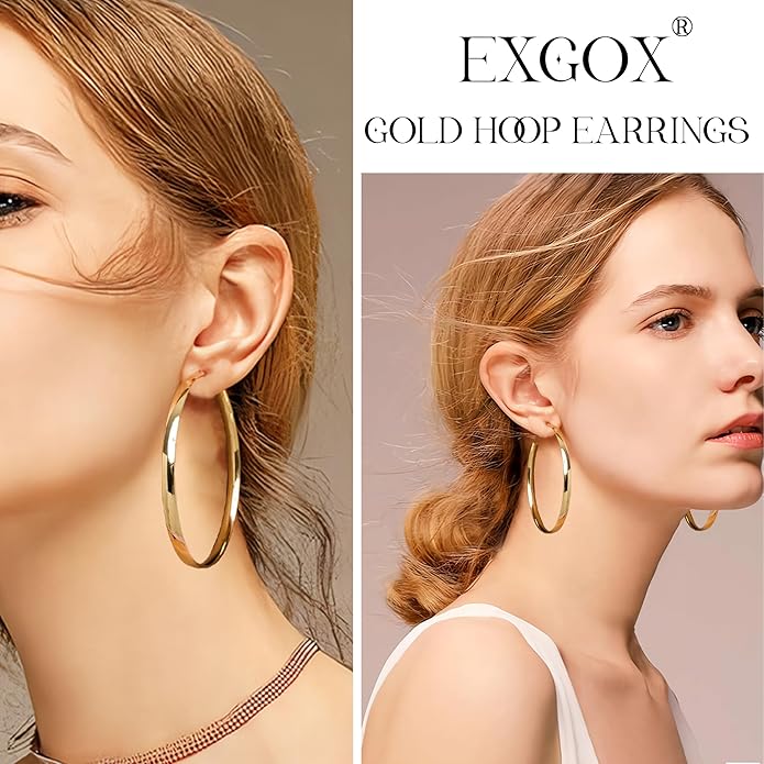 EXGOX 5mm Wide Gold Hoop Earrings for Women,Sterling Silver Hoop Earrings Large Silver Hoop Earrings Hypoallergenic Lightweight 14K Real Gold Plated Big Hoop Earrings for Women 30/40/50/60/70mm