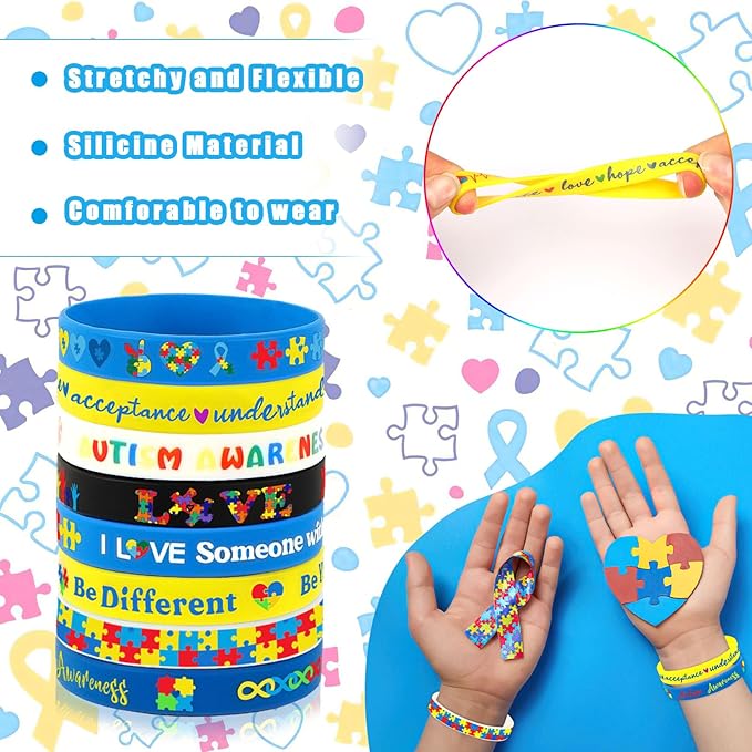 JUNEBRUSHS 64pcs Autism Awareness Wristband Silicone Bracelets Bulk Puzzle Inspirational Rubber Bracelet for Autism Awareness Birthday Decoration Party Favor Gift Supplies