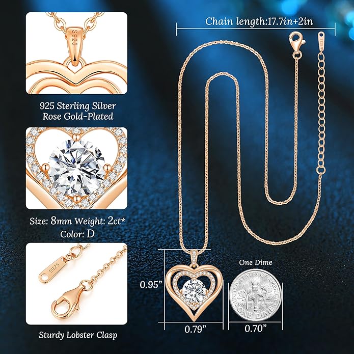Moissanite Heart Pendant Necklaces for Women, 925 Sterling Silver Necklace Engraved with 'I LOVE YOU', Ideal Anniversary Birthday Christmas Valentine Mothers Day Jewelry Gifts for Mom Wife Girlfriend Daughter Her