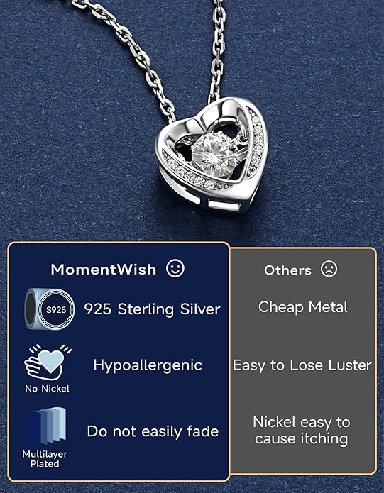 MomentWish Dancing Heart Necklace for Women, 0.5/1 Carat Dancing Moissanite Necklace for Her 925 Sterling Silver Pendant Anniversary Birthday Christmas Gift for Wife Mom Girlfriend