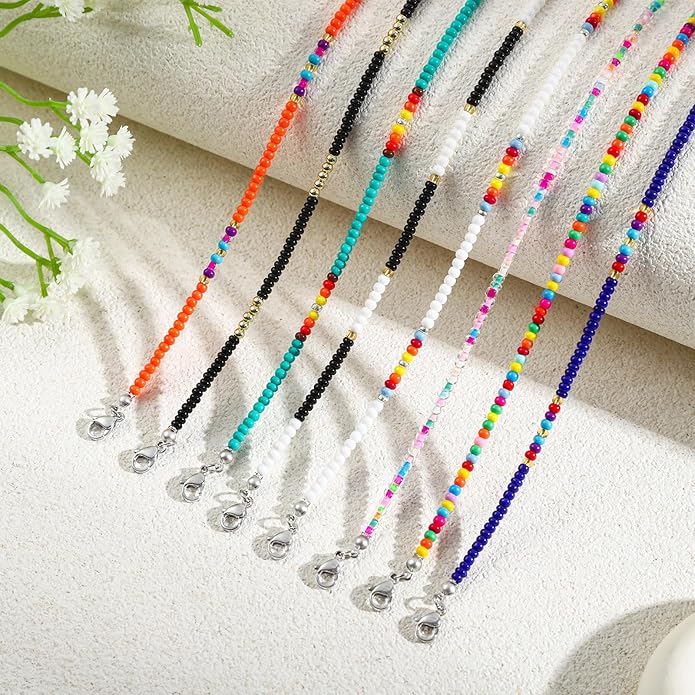 XIJIN 8Pcs Handmade Beaded Anklets for Women Boho Colorful Beads Ankle Bracelets Adjustable Foot Anklet Set