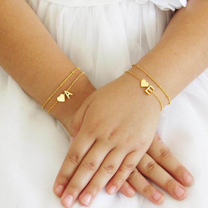 M MOOHAM Christmas Gifts for Grandkids Teens Girls -14K-Gold-Plated Heart Initial Bracelets for Women Girl Dainty Gold Bracelets Birthday Gift Stocking Stuffers for Women Teenage Girls Kids Gifts