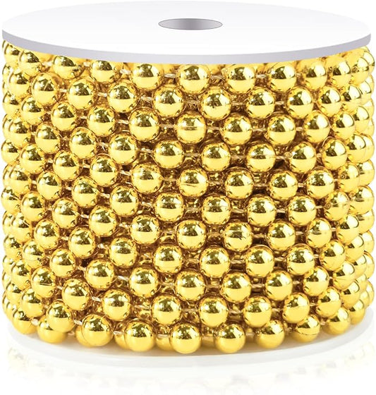 Craft String Pearls 8MM Pearl Bead, 33 Feet Gold Faux Pearl Garland Spool Roll Strand Wedding Party Decoration, Christmas Tree Decorations