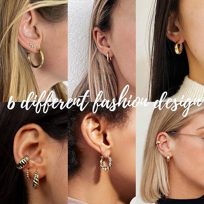Hoop Earrings Set for Women, 6 Pairs 14K Gold Plated Lightweight Hypoallergenic Chunky Open Twisted Hoops Earrings Pack Jewelry