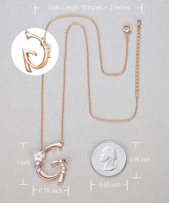 Flower Initial Letter Necklace Pink Red Blue Simulated Pearl Pendant Name Jewelry Made with Austrian Crystals Rose Gold Plated Anniversary Birthday Gifts for Women,18"+2"