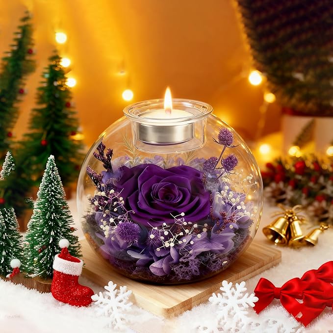 Forever Real Roses in Glass with Scented Candle, Christmas Gift Ideas Preserved Flower Christmas Gifts for Women Her Girlfriend Wife Mom on Valentines Birthday Anniversary Purple