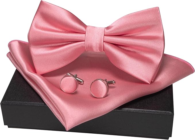 JEMYGINS Solid Color mens Pre-tied Bow Tie and Pocket Square Cufflinks Sets with Gift Box