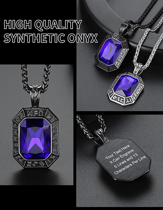 ChainsHouse Viking Rune Pendant Necklace for Men Women, Punk Biker Black Metal/316L Stainless Steel Onyx Norse Vintage Amulet Necklaces with Black/Red/Green/Blue Gemstone, Send Gift Box