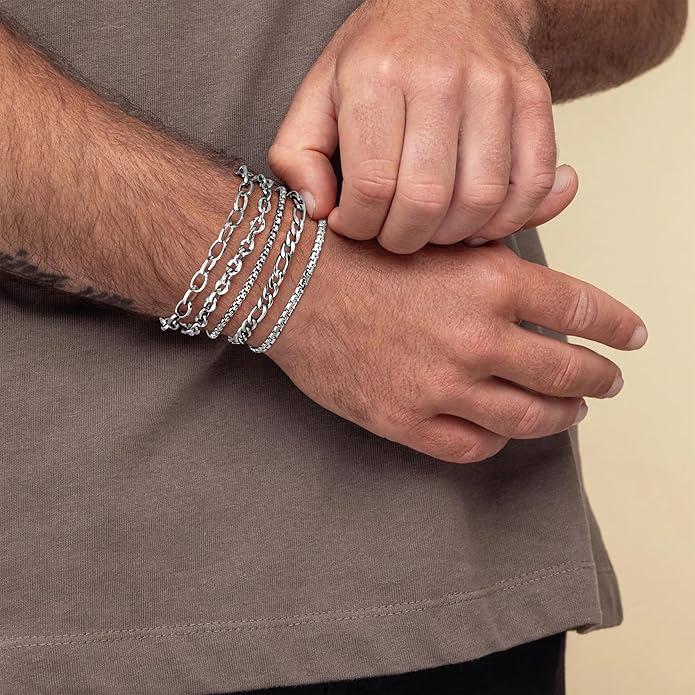 Yoosteel Mens Bracelets - Silver Chain Bracelet Stainless Steel Cuban Link Stack Bracelets Sturdy Rope Paperclip Chains Set 7.5/8.3/9 inches Trendy Jewelry for Men