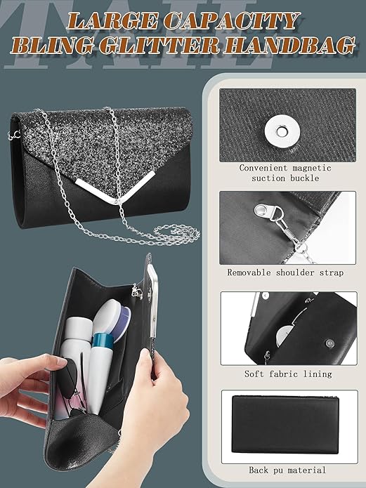 Henoyso 5 Pcs Purse Rhinestone Jewelry Set Prom Jewelry Rhinestone Clutch Purse Necklace Earrings Bracelets for Women Bride