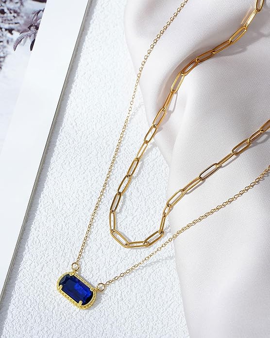 Lourny Gemstone Birthstone Pendant Layered Necklace for Women Trendy, 18K Gold Plated Paperclip Chain Preppy Choker Charm Necklace for Women Wife Jewelry
