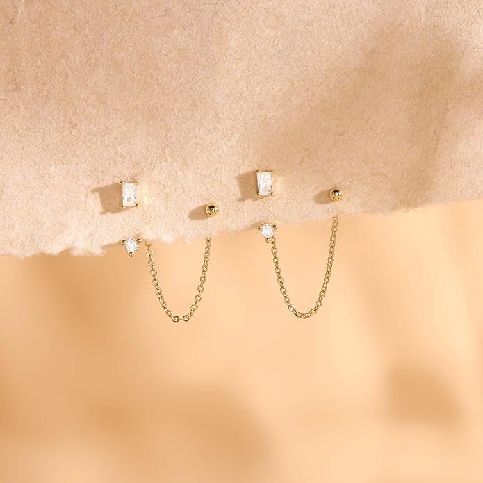 Freekiss Gold Chain Studs Earrings for Women Trendy: Hypoallergenic 14K Gold Plated Dangle Earrings Dainty Small Long Chain Earring Set Fashion Gold Jewelry for Women