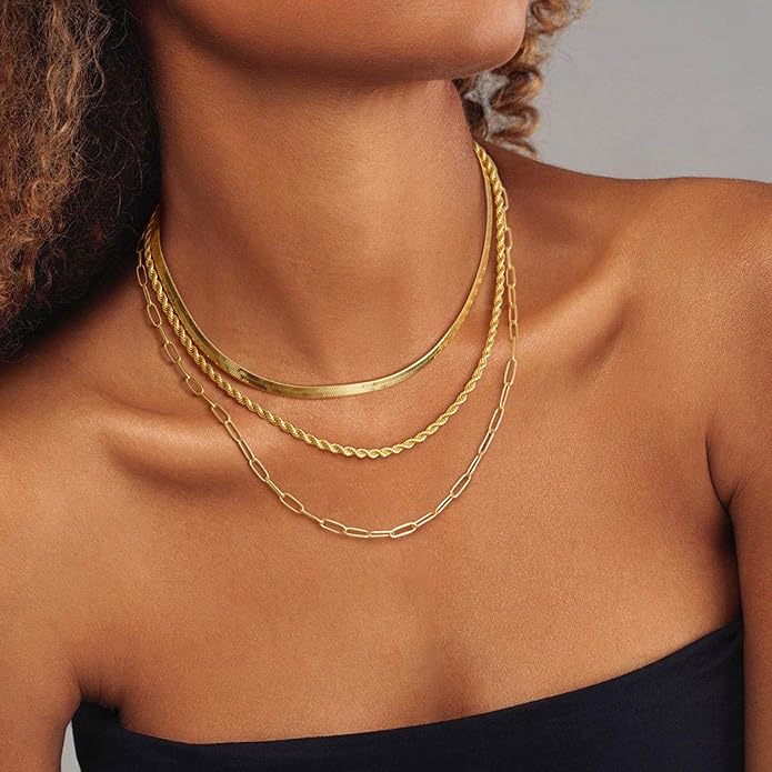 Layered Gold Necklace for Women Dainty 14K Gold/Silver Plated Stacked Necklace for Women Trendy Cuban Paperclip Herringbone Chain Diamond Pendant Necklaces Jewelry Set Accessories Gift