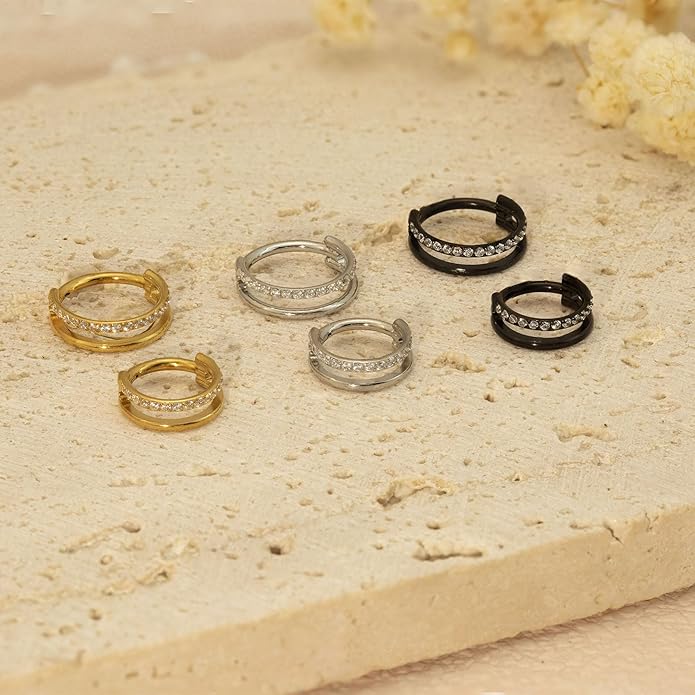 2 PCS Small Cartilage Double-Hoop Helix Conch Piercing Earrings With Cubic Zirconia For Women Trendy 14K Gold Plated Titanium Surgical Stainless Steel Sets Jewelry