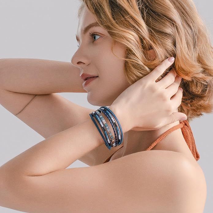 FANCY SHINY Boho Leather Wrap Bracelets Trendy Layered Bracelets with Magnetic Clasp Strackable Bohemian Jewelry Gifts for Women