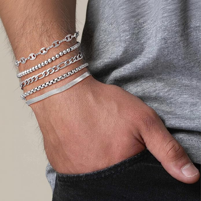Yoosteel Mens Bracelets - Silver Chain Bracelet Stainless Steel Cuban Link Stack Bracelets Sturdy Rope Paperclip Chains Set 7.5/8.3/9 inches Trendy Jewelry for Men
