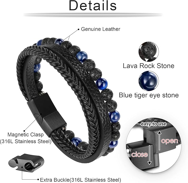 Gifts for Men - Layered Leather Beads Bracelet, Tiger Eye Lava Rock Stone Braided Leather Bracelets for Men Adjustable Magnetic Clasp Birthday Gifts