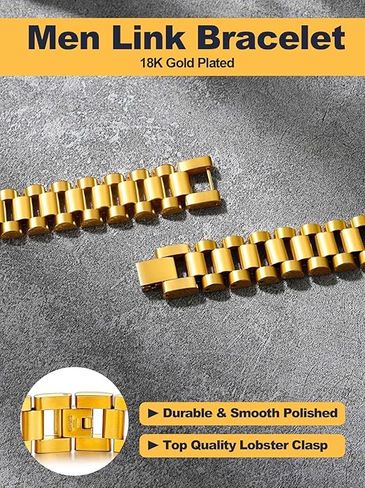 U7 Link Bracelets for Men, Cuban Link/Rope/Watch Band Solid Bracelet, Silver Black Gold Color Wrist Bracelet 3/6/9/12/15mm Width, 6.5/7.5/8.3 Inch Length, Hand Chain Jewelry for Mens Women