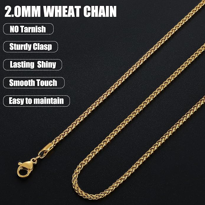 Fiusem Black Wheat Chains for Men and Women, 2/2.5/3/4/5mm Stainless Steel Necklace Chain, Mens Necklace Jewelry Gift 16-28 Inch