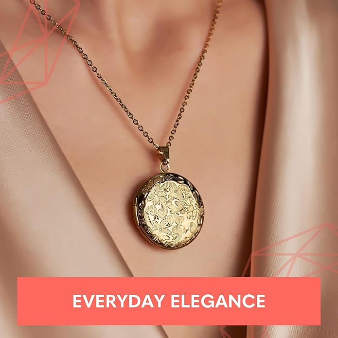 Locket Necklace for Women Girls, 18” Jewelry Chain, Picture Photo Inside, Cadenas para mujer, Personalized Custom Name Gold Locket, Customized Couples Locket, Silver, Rose Gold, Gold