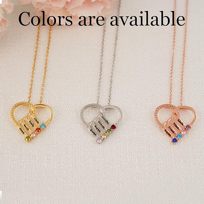 Easycosy Custom Name Necklace with Simulated Birthstones Customized Promise Necklace Heart Pendant with Engraved 2-6 Names - Anniversary Birthday Christmas Jewelry Gifts for Women Wife Mom Grandma