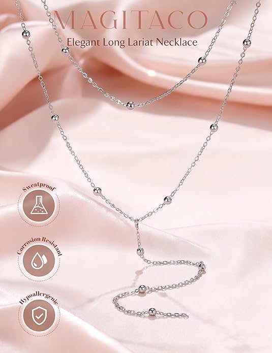 Magitaco Lariat Necklace for Women, 18K Gold Plated/Silver Color Dainty Long Necklaces for Women Layered Y-Necklace, Drop Beaded Sequined Chain for V-Neck, Elegant Wedding Guest Jewelry