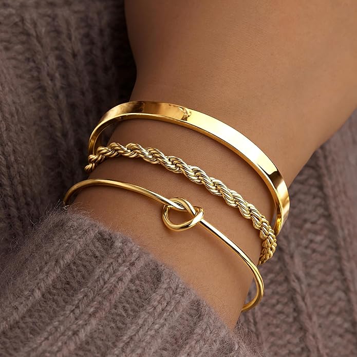 Silver Bracelets for Women Stack, Silver or Gold Plated Cuff Bangle Set, Trendy Silver Jewelry for Women Fashion