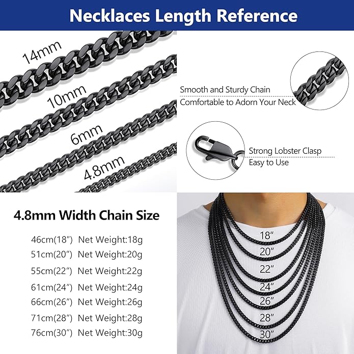 PROSTEEL 316L Stainless Steel Figaro Cuban Chain Necklace for Men, Black/18K Real Gold Plated, 4/5/6/7.5/9/10/13mm, 14inch-30inch, Come with Box